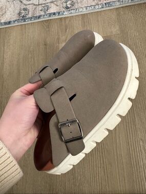 Women’s Taupe Suede Slip-On Clog Mule with Buckle